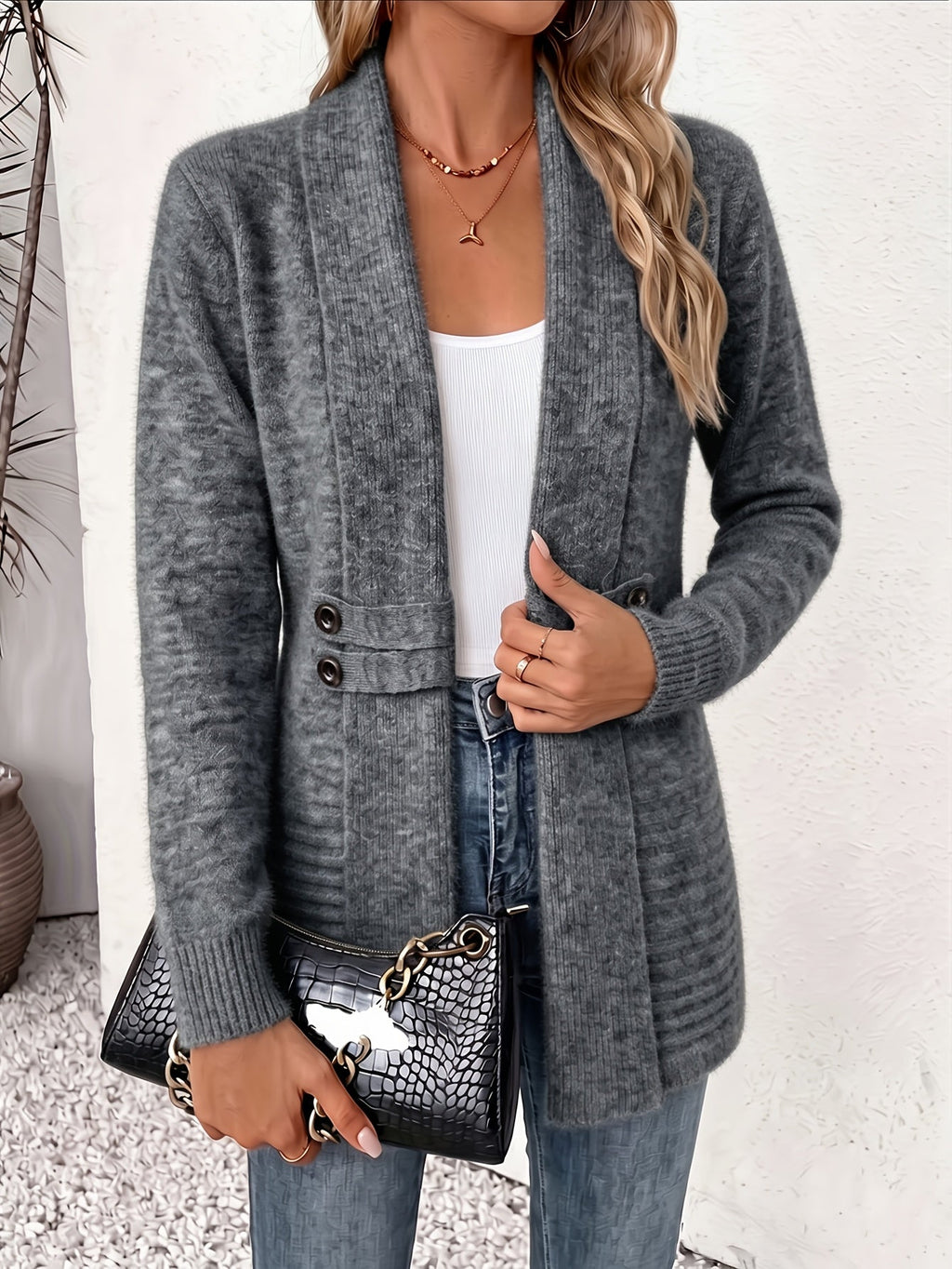 Maria | Elegante cárdigan de mujer: abertura delantera y cintura cosida