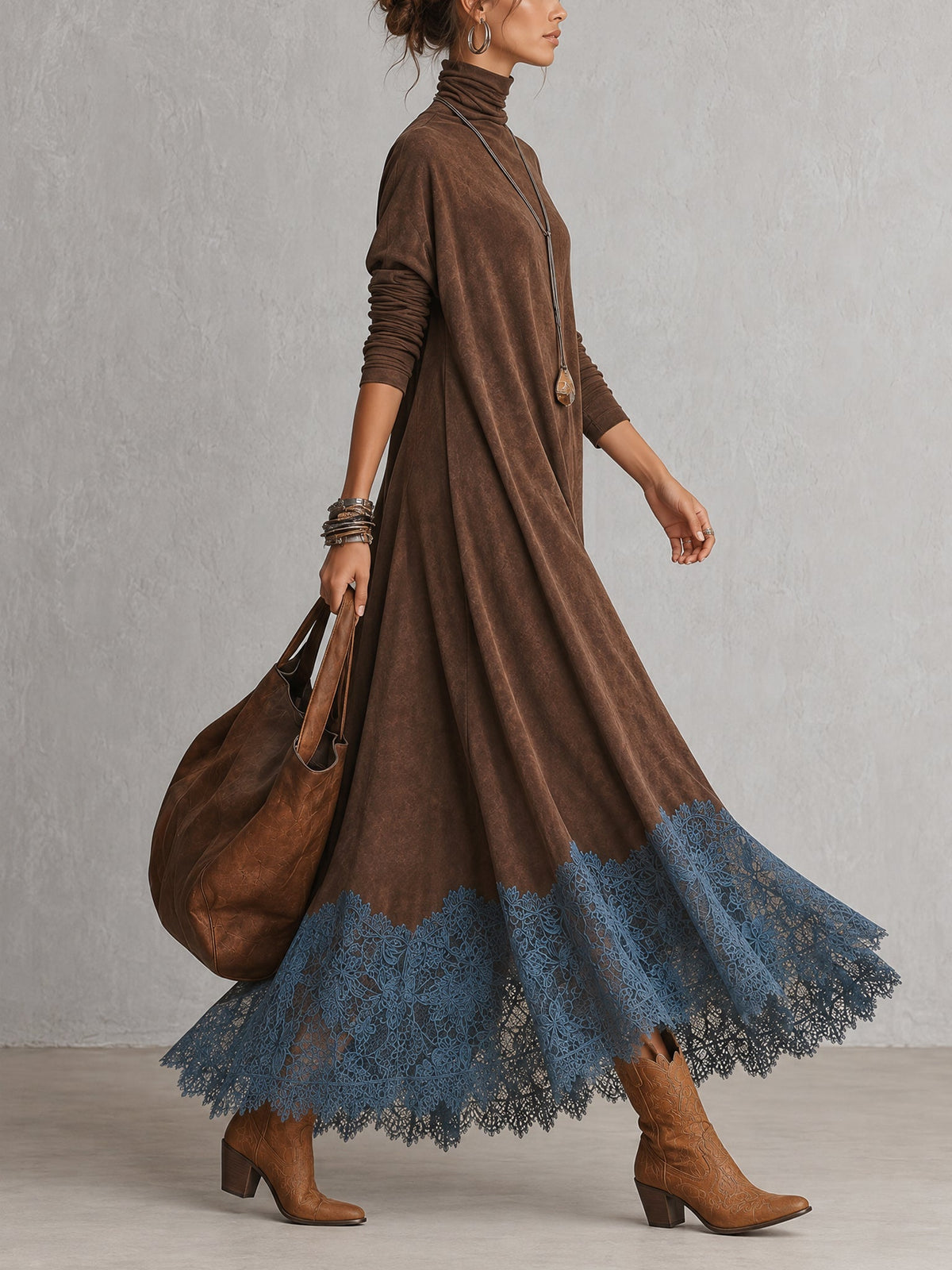 Amparo | Vestido largo con efecto ante y bajo de encaje