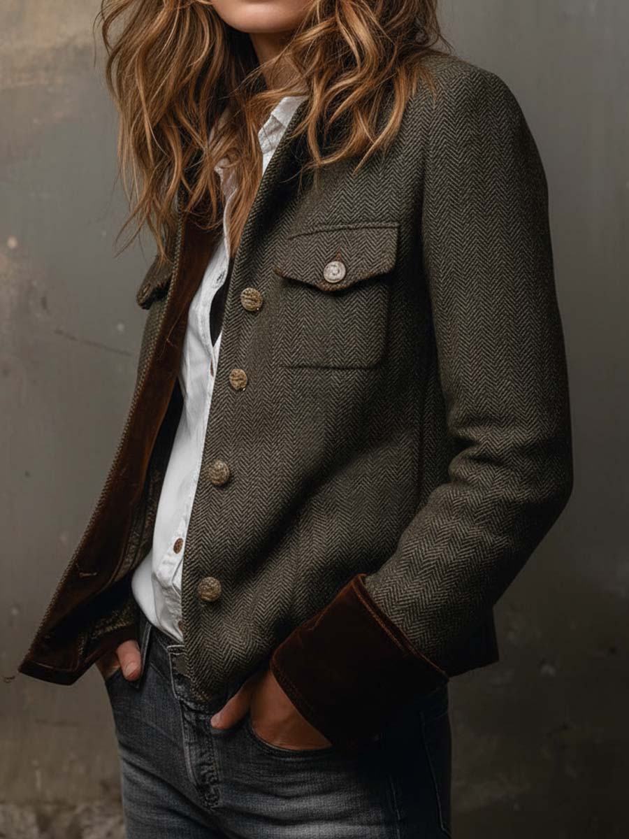 Helena | Blazer vintage con diseño en espiga y ribetes en contraste