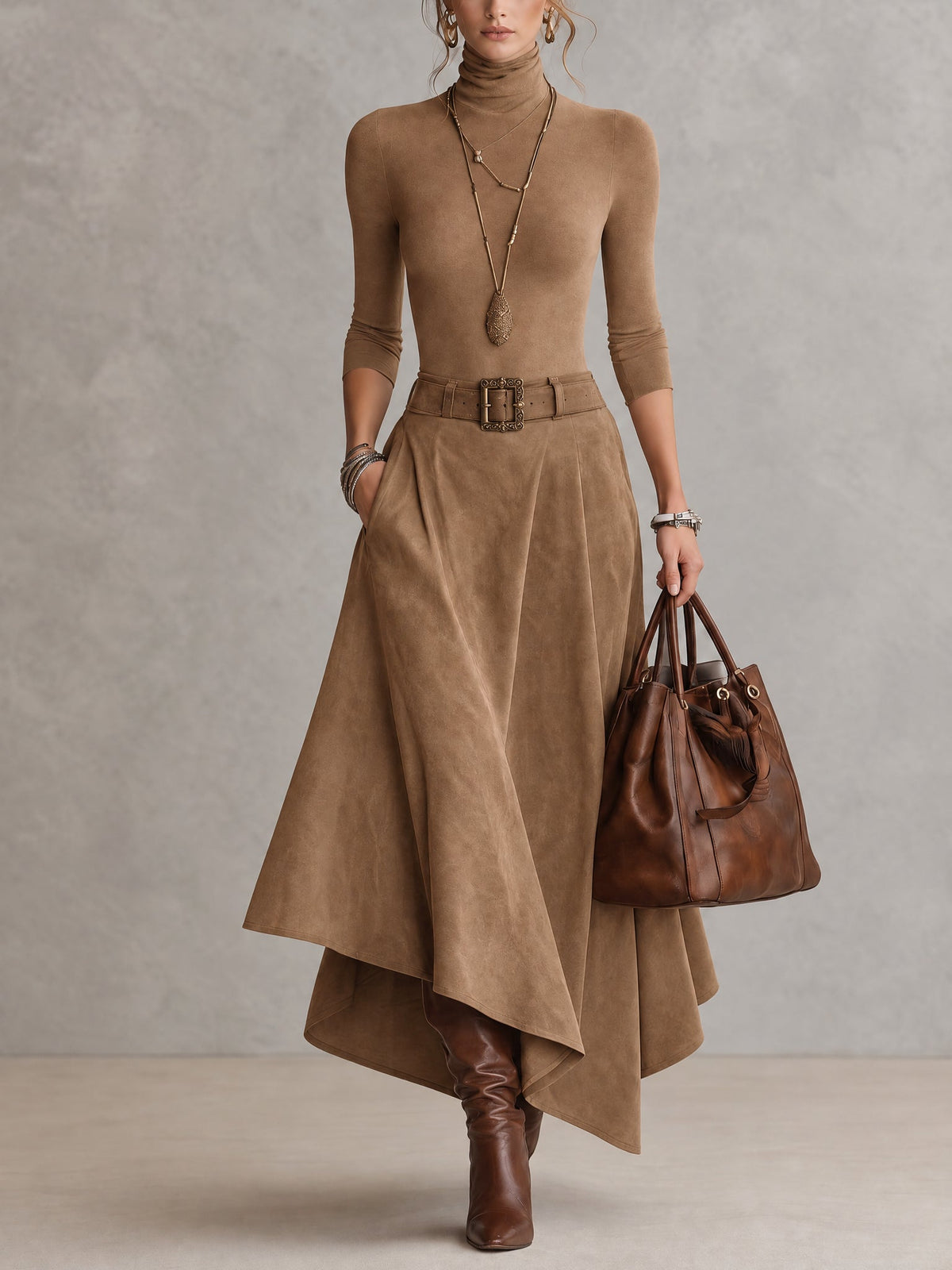 Amparo | Conjunto de color topo, de punto, con cuello alto y falda asimétrica con efecto ante