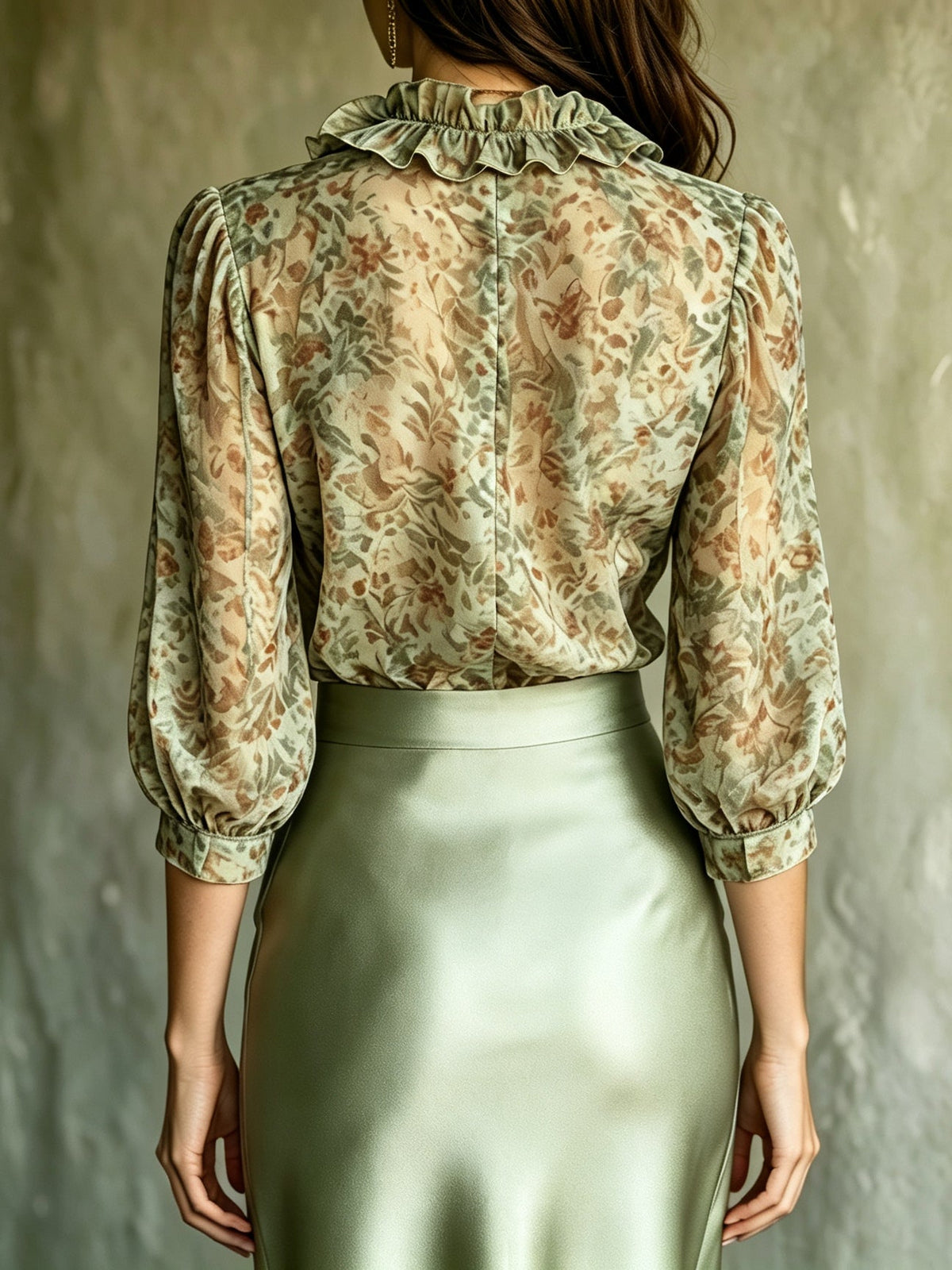 Josefa | Conjunto de blusa floral y falda de raso, verde salvia