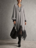 Ana | Vestido midi gris de punto con ribete de encaje