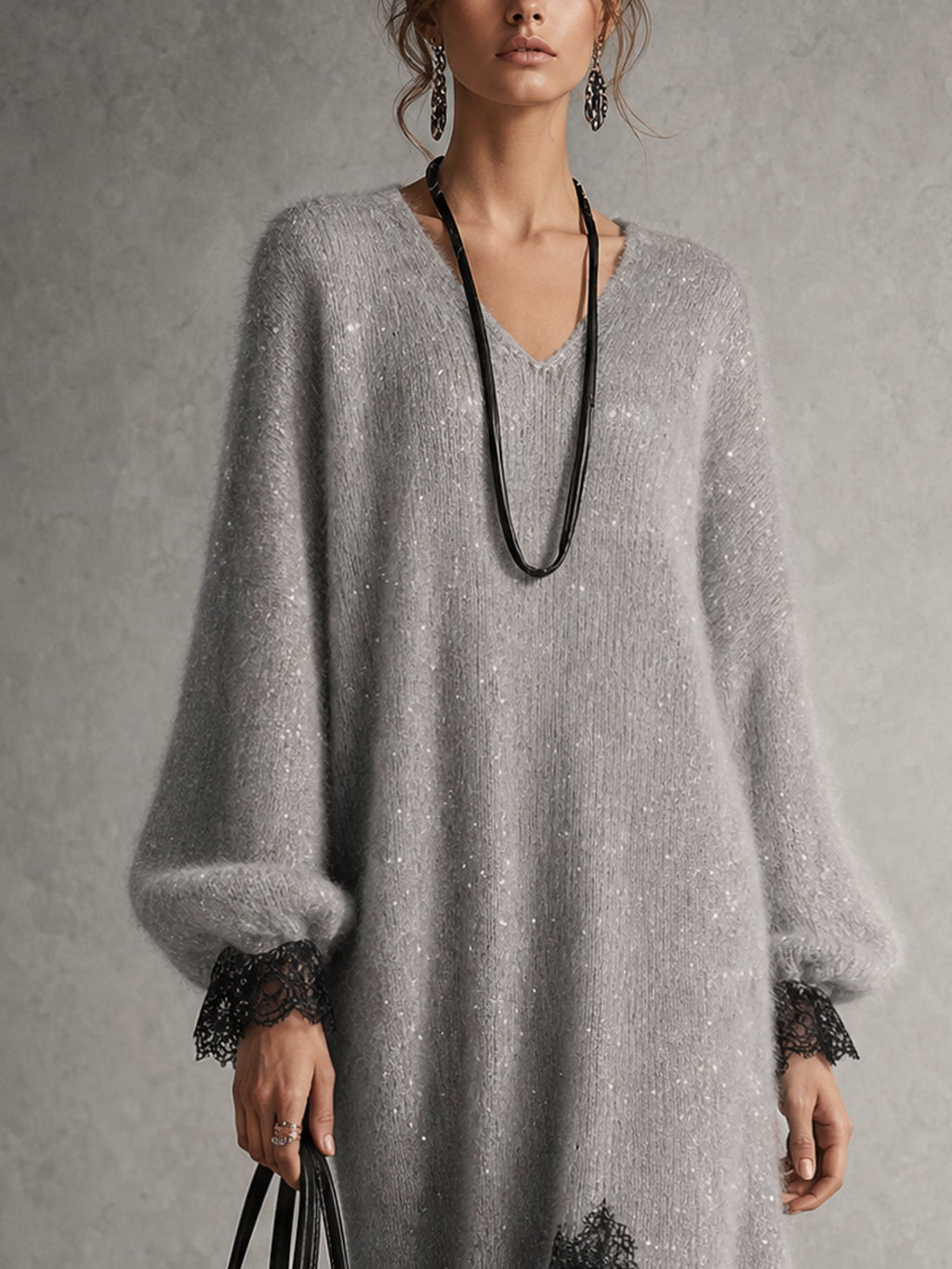 Ana | Vestido midi gris de punto con ribete de encaje