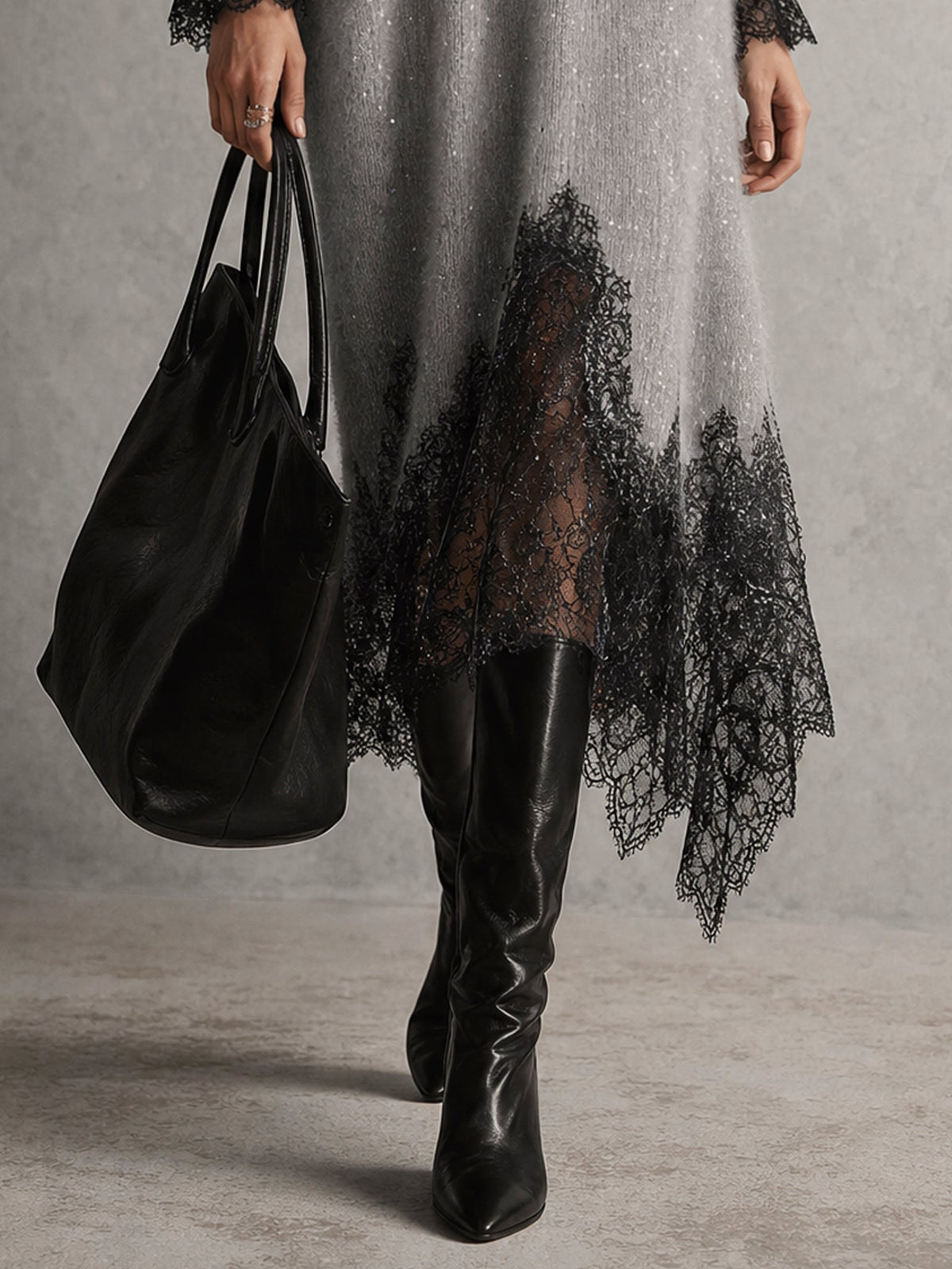 Ana | Vestido midi gris de punto con ribete de encaje