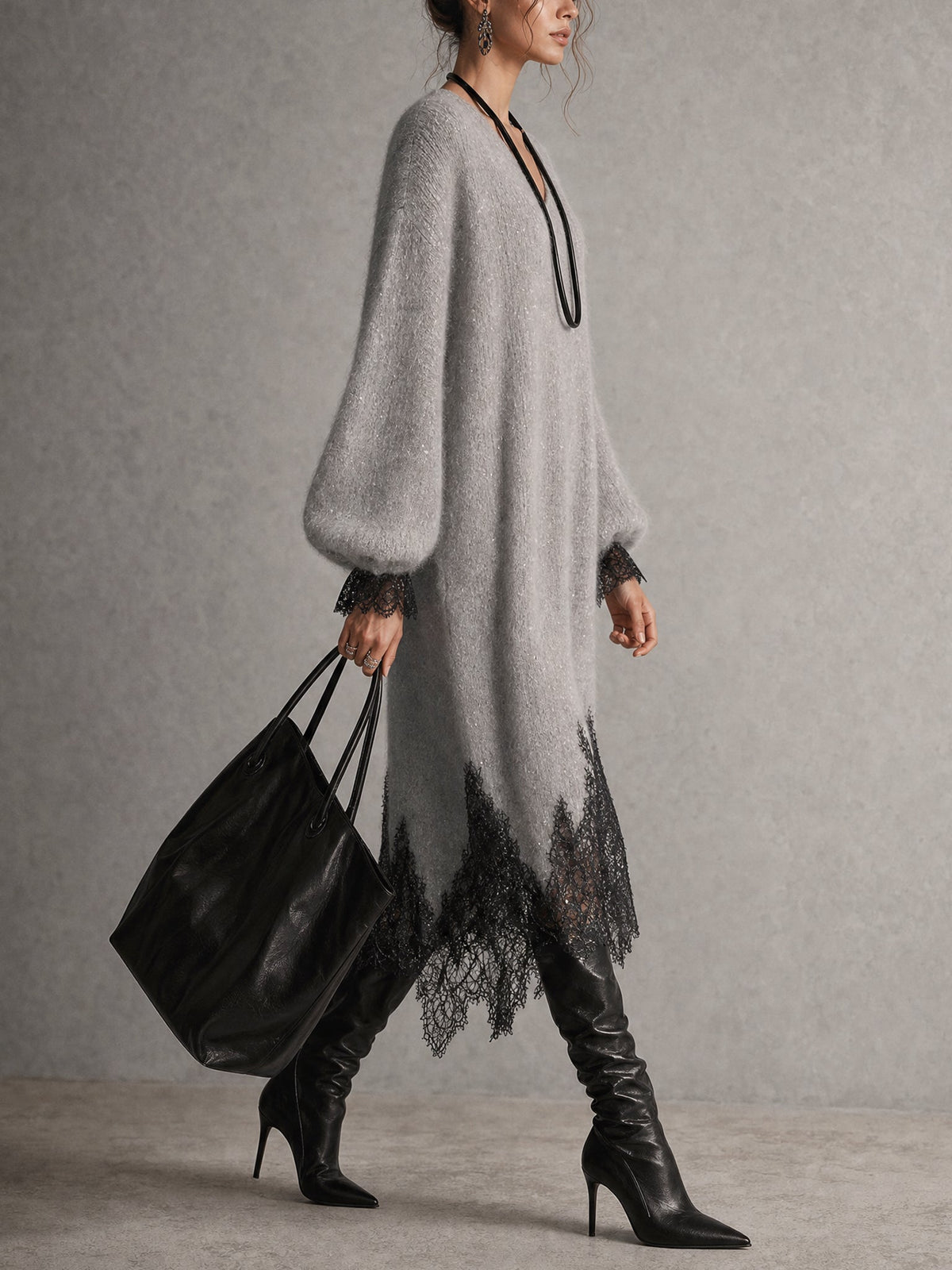 Ana | Vestido midi gris de punto con ribete de encaje