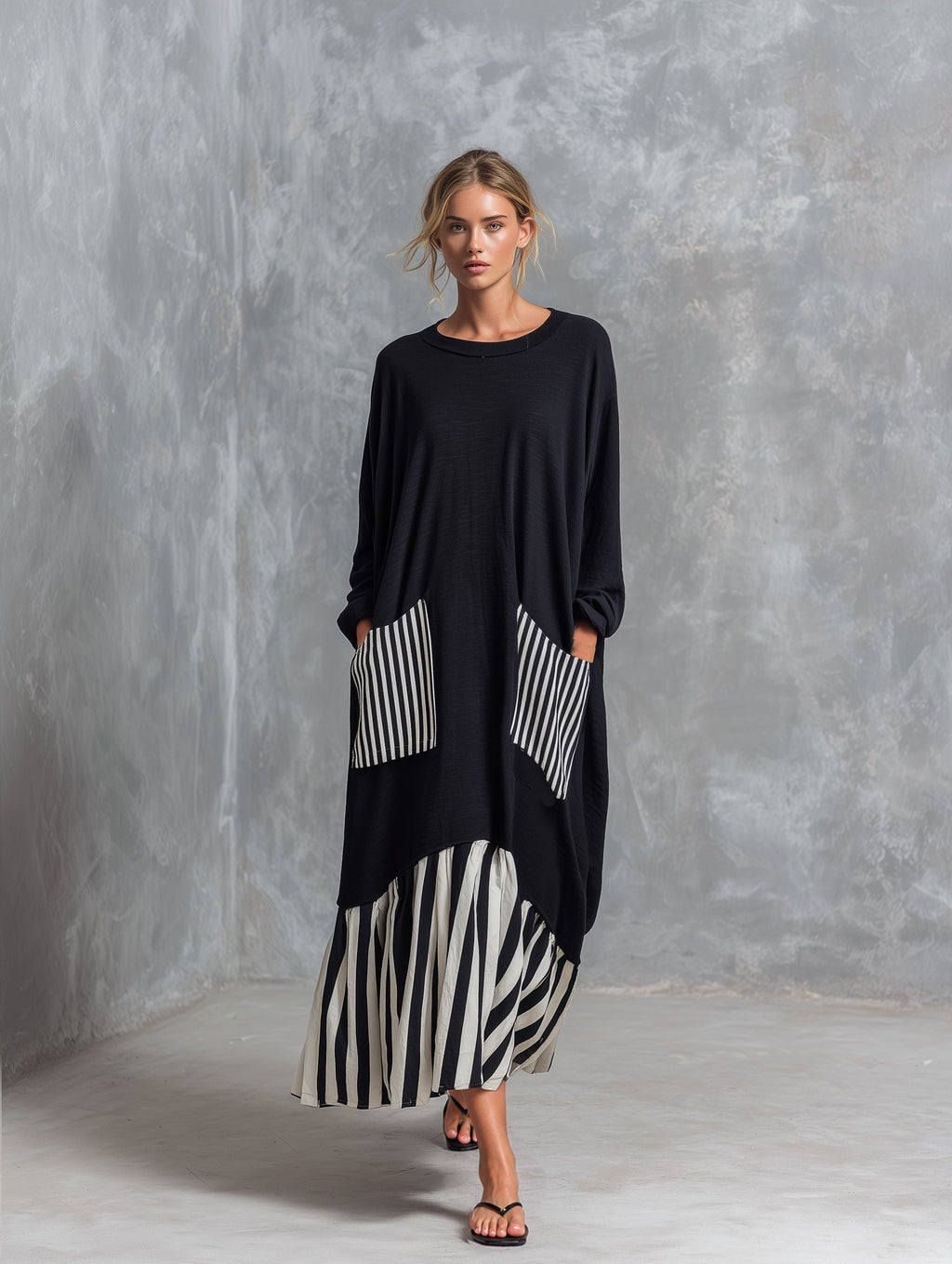 Sonia | Vestido largo oversize de algodón negro con rayas estilo patchwork
