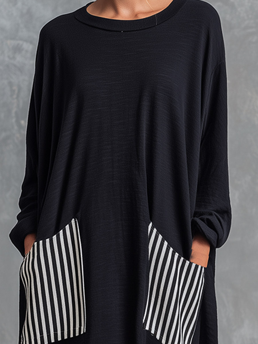 Sonia | Vestido largo oversize de algodón negro con rayas estilo patchwork