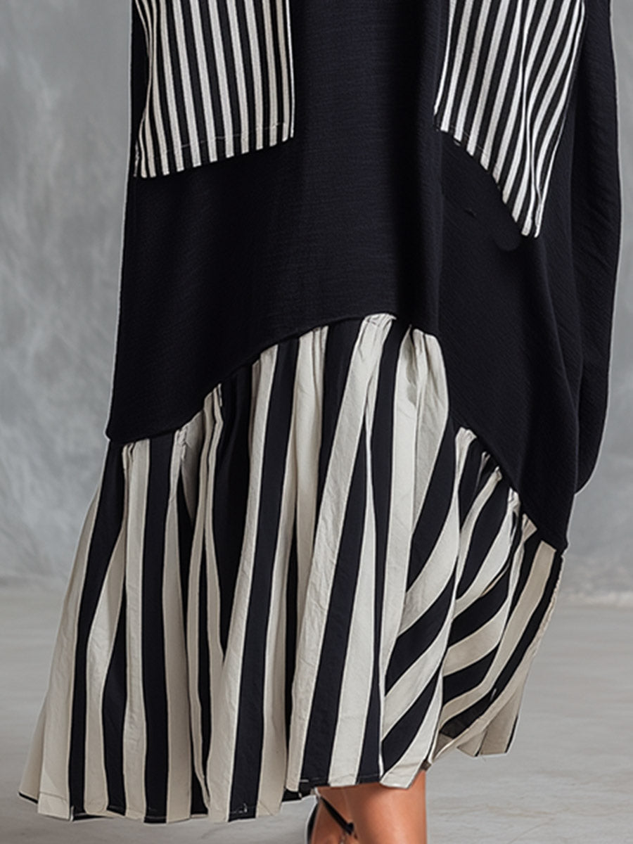 Sonia | Vestido largo oversize de algodón negro con rayas estilo patchwork