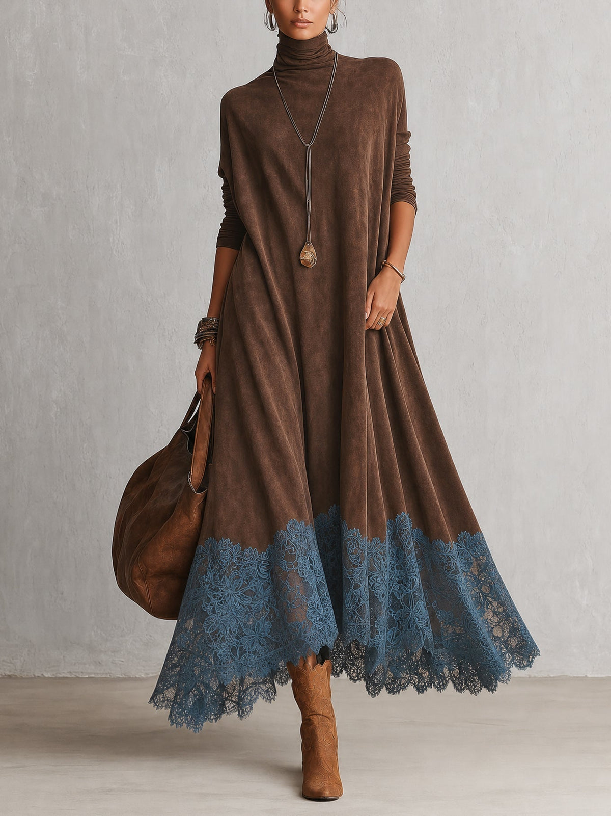 Amparo | Vestido largo con efecto ante y bajo de encaje