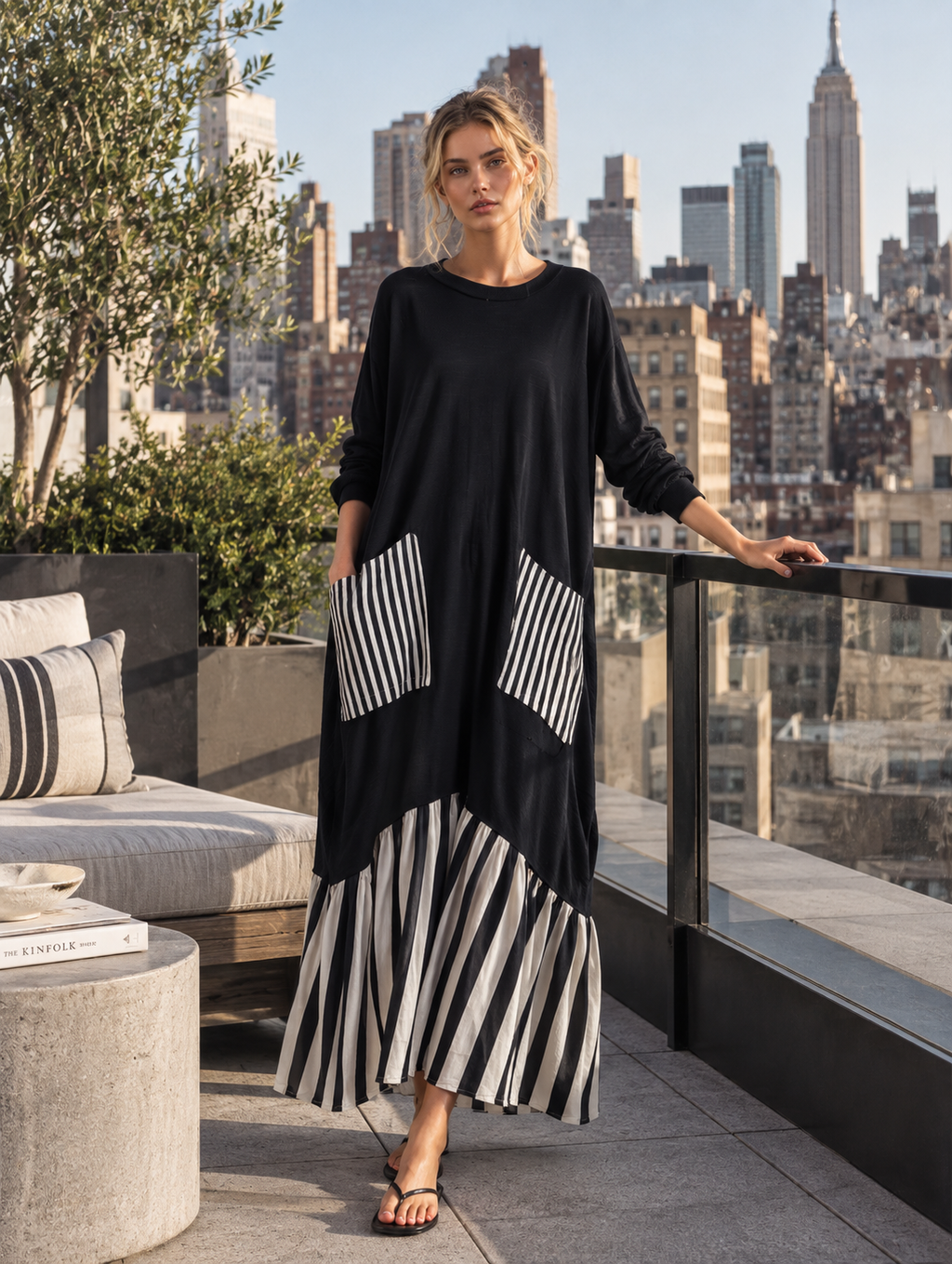 Sonia | Vestido largo oversize de algodón negro con rayas estilo patchwork