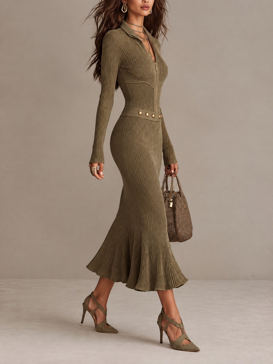 Marta | Vestido midi de punto acanalado con cremallera, bajo en forma de cola de sirena y cinturón con tachuelas