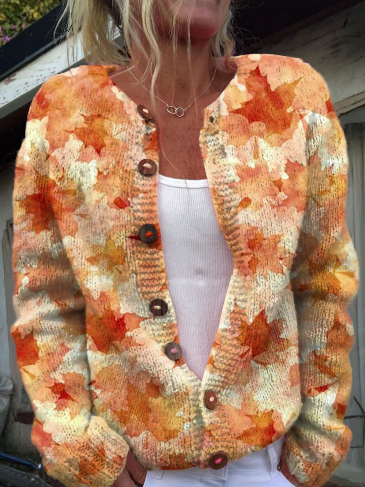 Nicole | Chaleco con botones con estampado artístico de hojas de arce otoñales