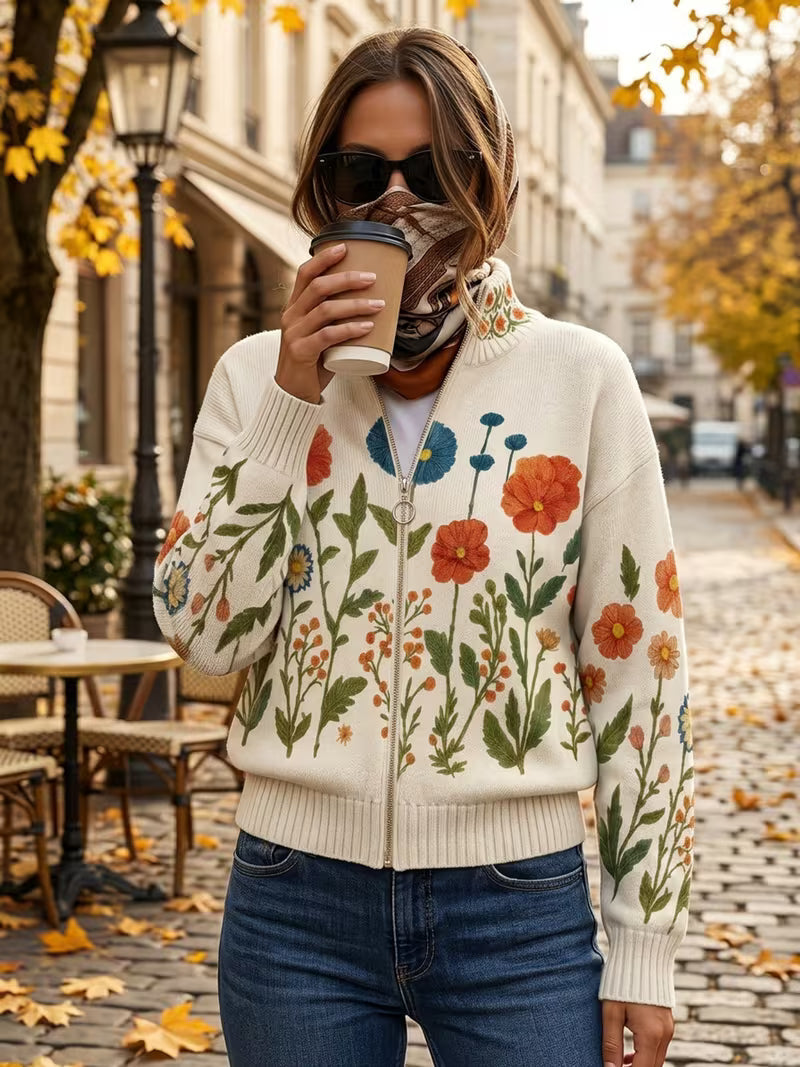 Carla | Cárdigan con parados de flores silvestres y cremallera