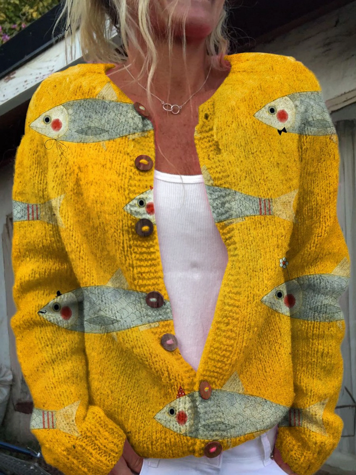 Linda | Chaleco con botones y estampado artístico vintage de sardinas