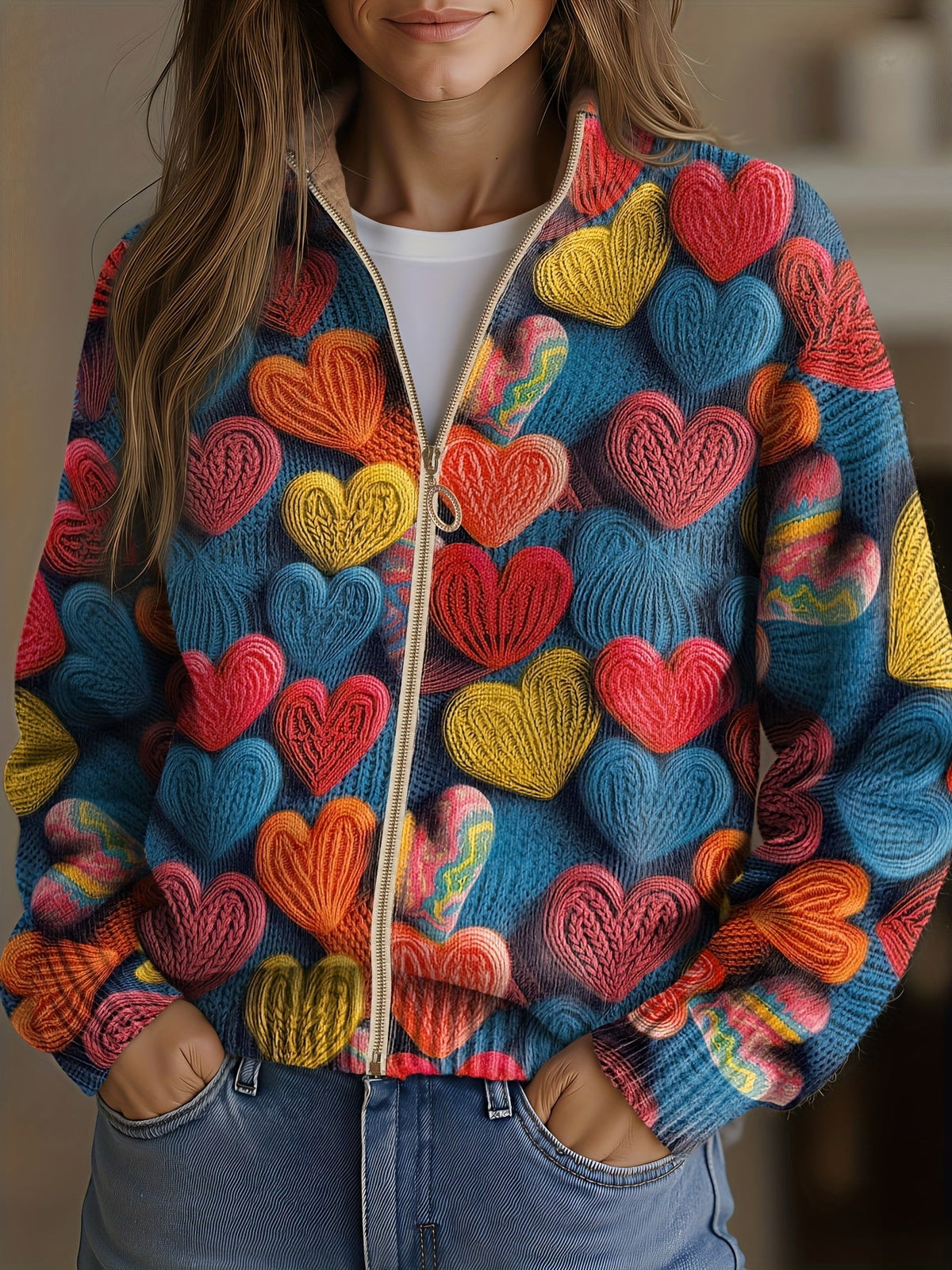 Valentina | Patrón de punto texturizado con corazones multicolores
