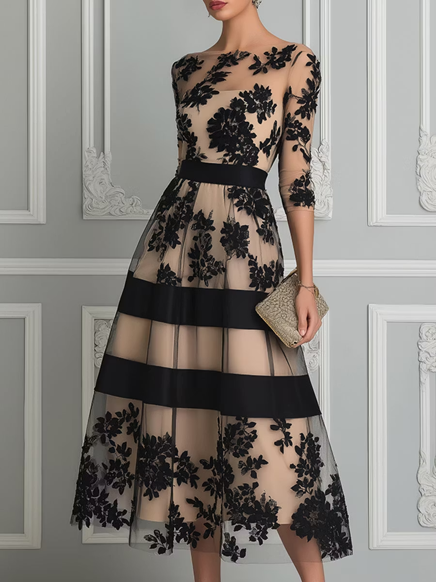 Vestido midi de corte A, elegante, de encaje negro