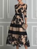 Vestido midi de corte A, elegante, de encaje negro