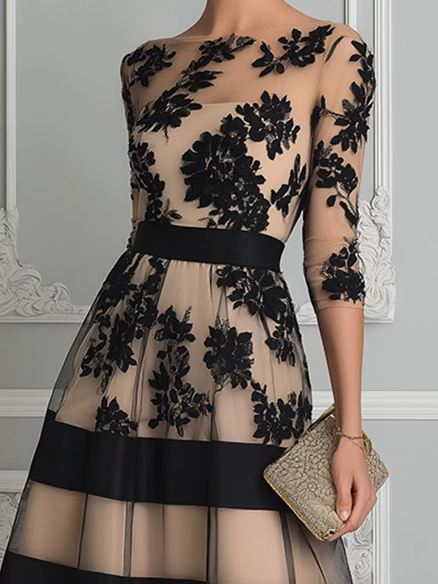Vestido midi de corte A, elegante, de encaje negro
