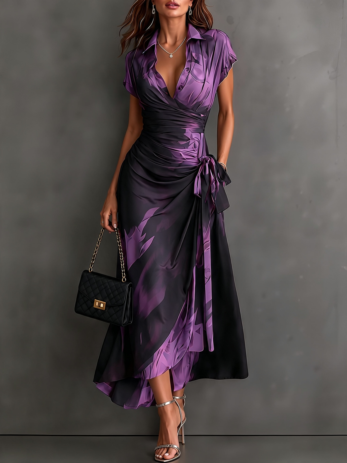Vestido midi cruzado con estampado abstracto en rojo y negro, cuello en V, manga corta, cintura para atar y bajo asimétrico con volantes