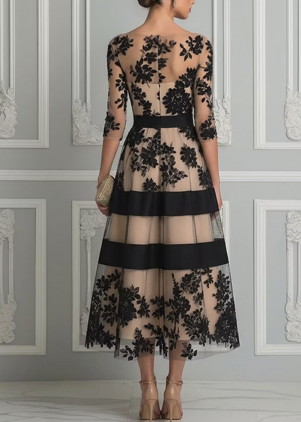 Vestido midi de corte A, elegante, de encaje negro