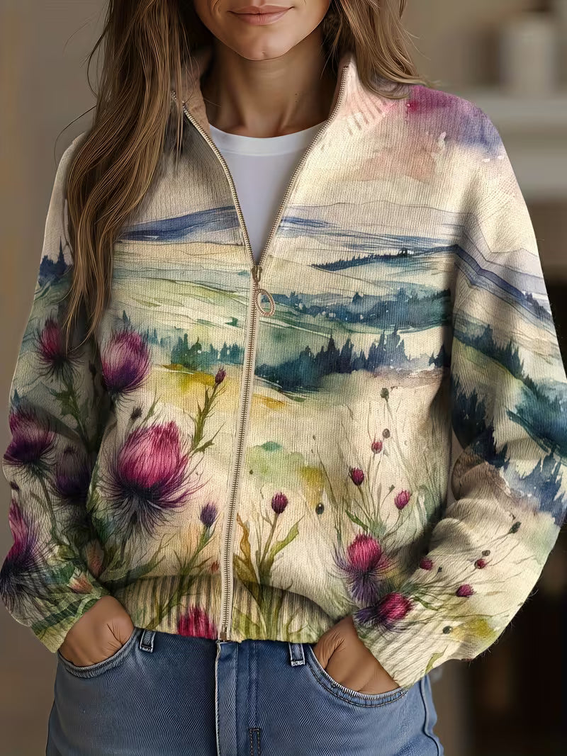 Zonia | Cárdigan con cremallera y paisaje de cardos escoceses