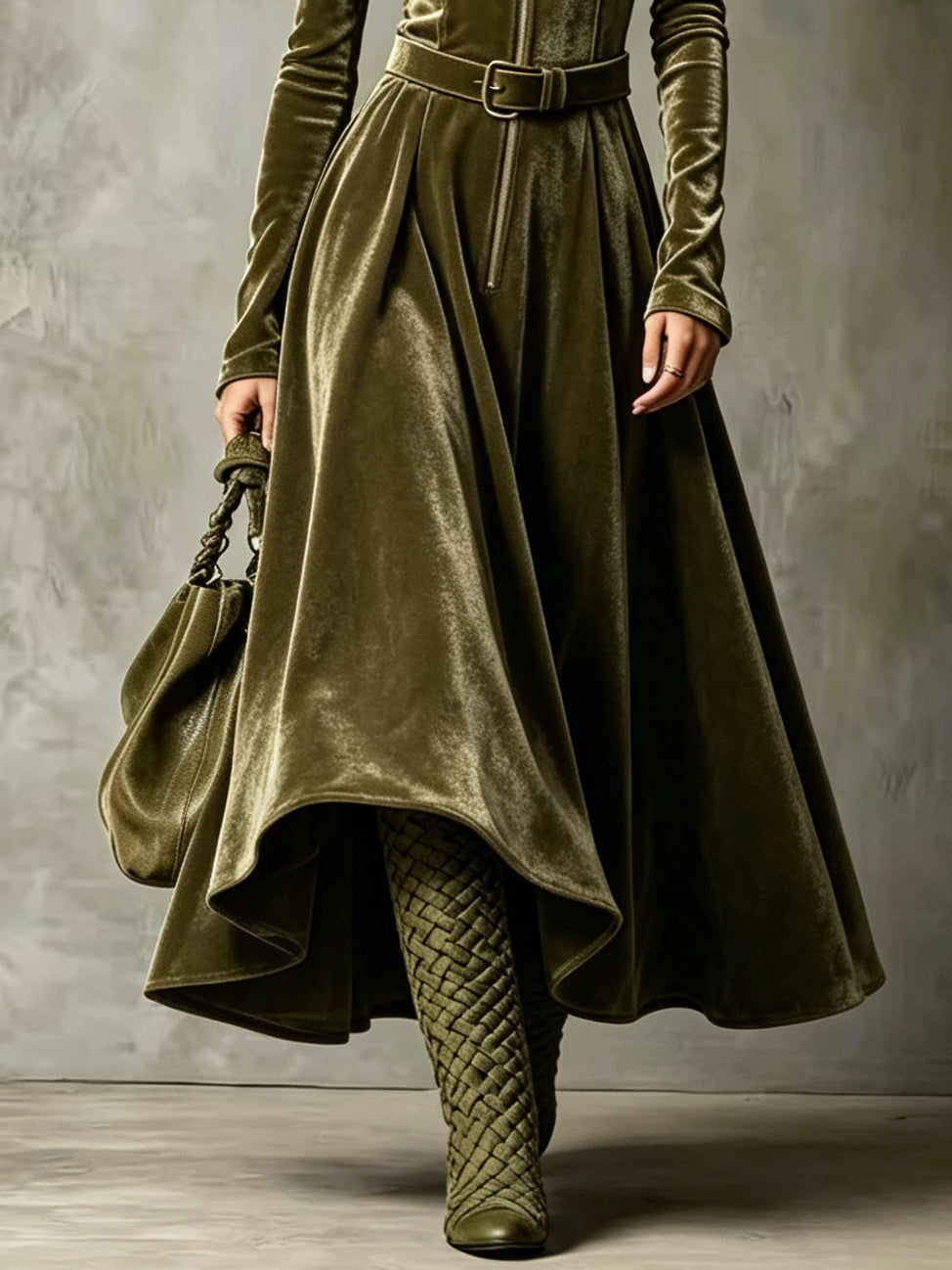 Ramona | Vestido largo de terciopelo verde oliva con cremallera frontal de estilo vintage (cinturón incluido)
