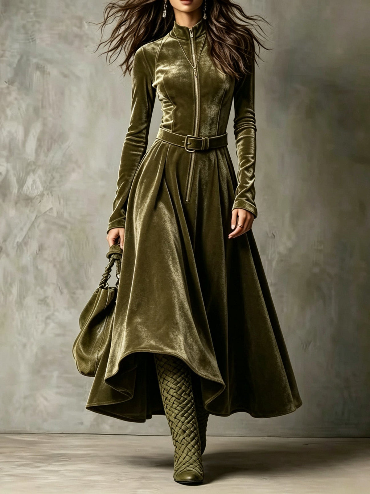 Ramona | Vestido largo de terciopelo verde oliva con cremallera frontal de estilo vintage (cinturón incluido)