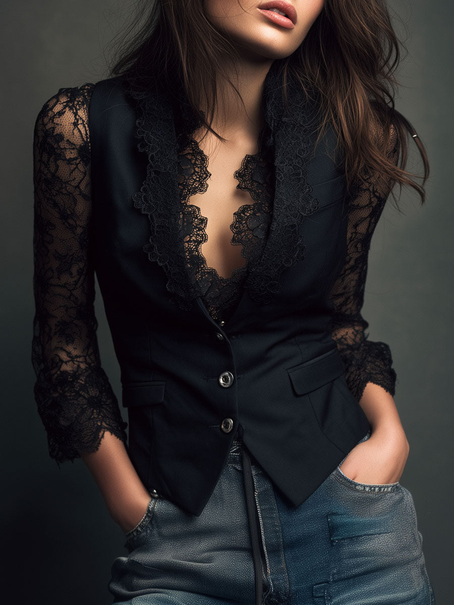 Nuria | Blazer negro con mangas semitransparentes