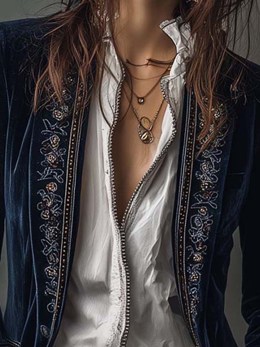 Julia | Chaqueta larga bordada vintage azul marino