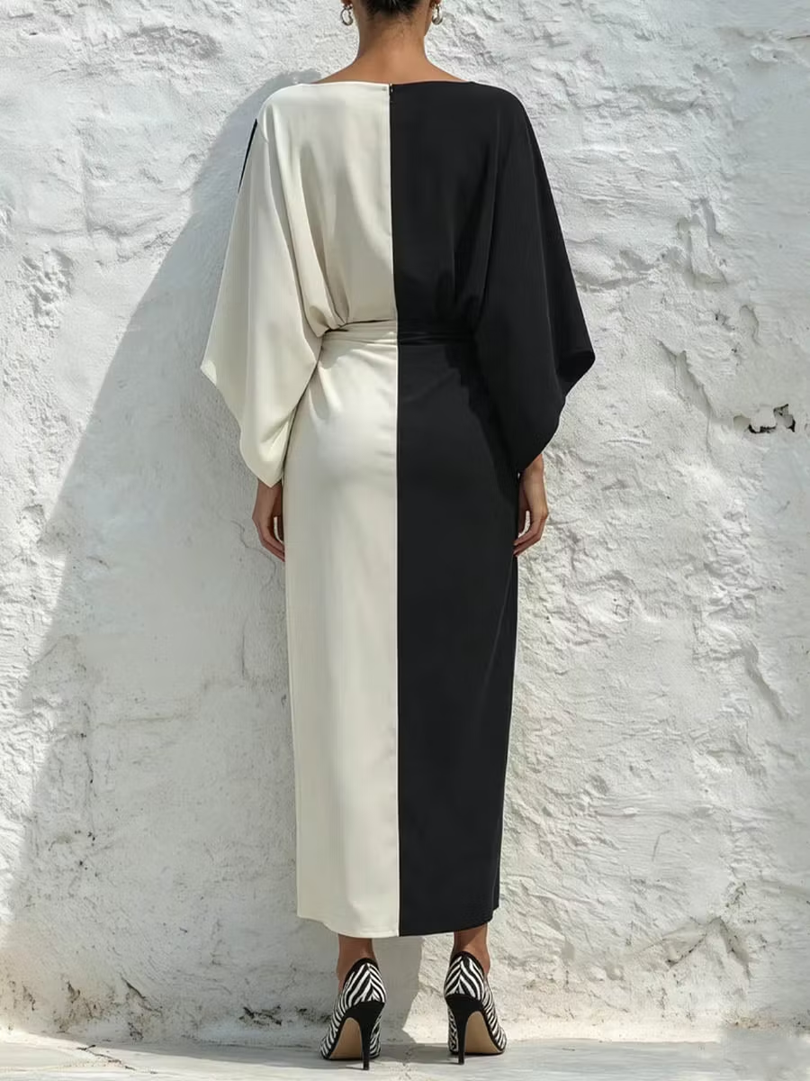 Conjunto de dos piezas compuesto por un top y una falda midi en contraste de colores blanco y negro