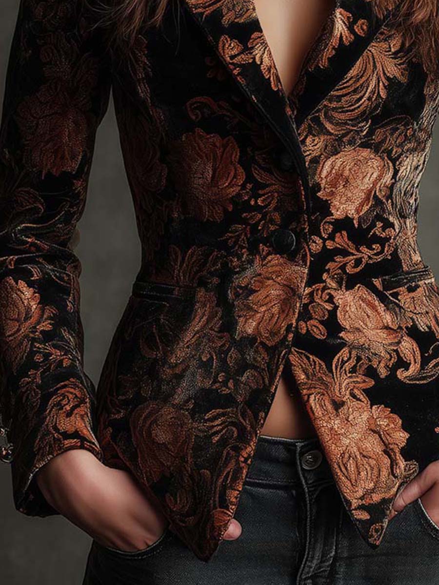 Manuela | Blazer de corte sastre con estampado floral en negro y bronce