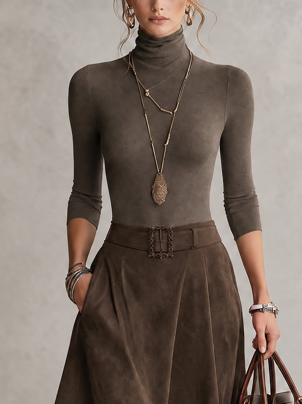 Amparo | Conjunto de color topo, de punto, con cuello alto y falda asimétrica con efecto ante