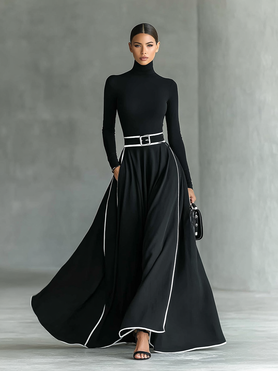 Susana | Abito Maxi con Profili a Contrasto e Cintura