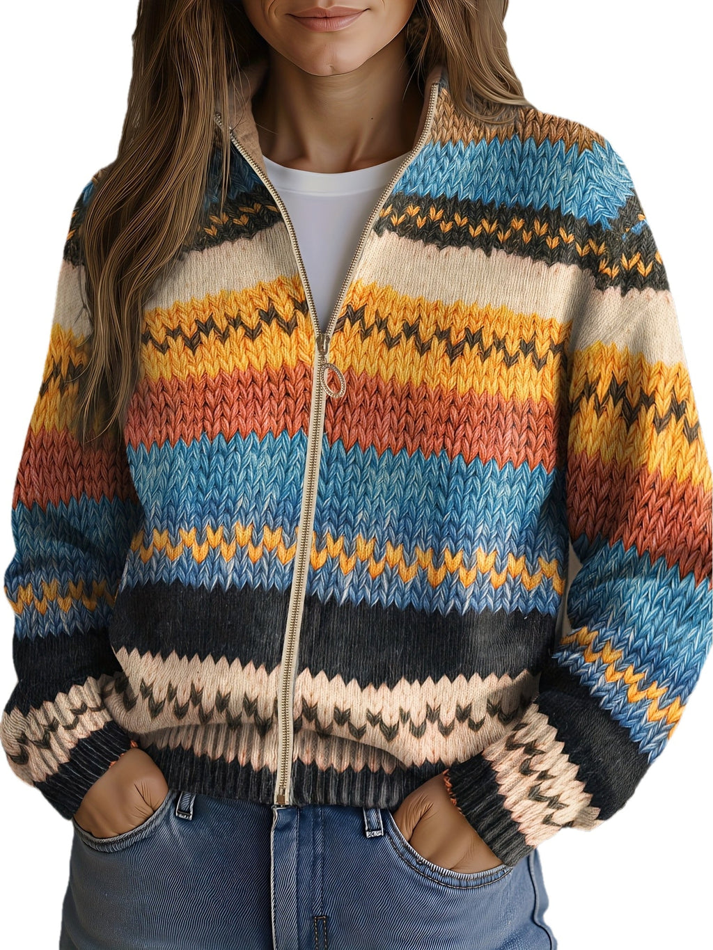 Maria | Cárdigan de punto con rayas en zigzag multicolor