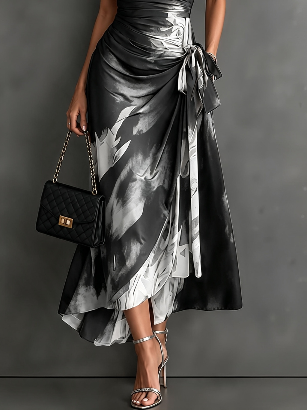 Vestido midi cruzado con estampado abstracto en blanco, cuello en V, manga corta, cintura para atar y bajo asimétrico con volantes