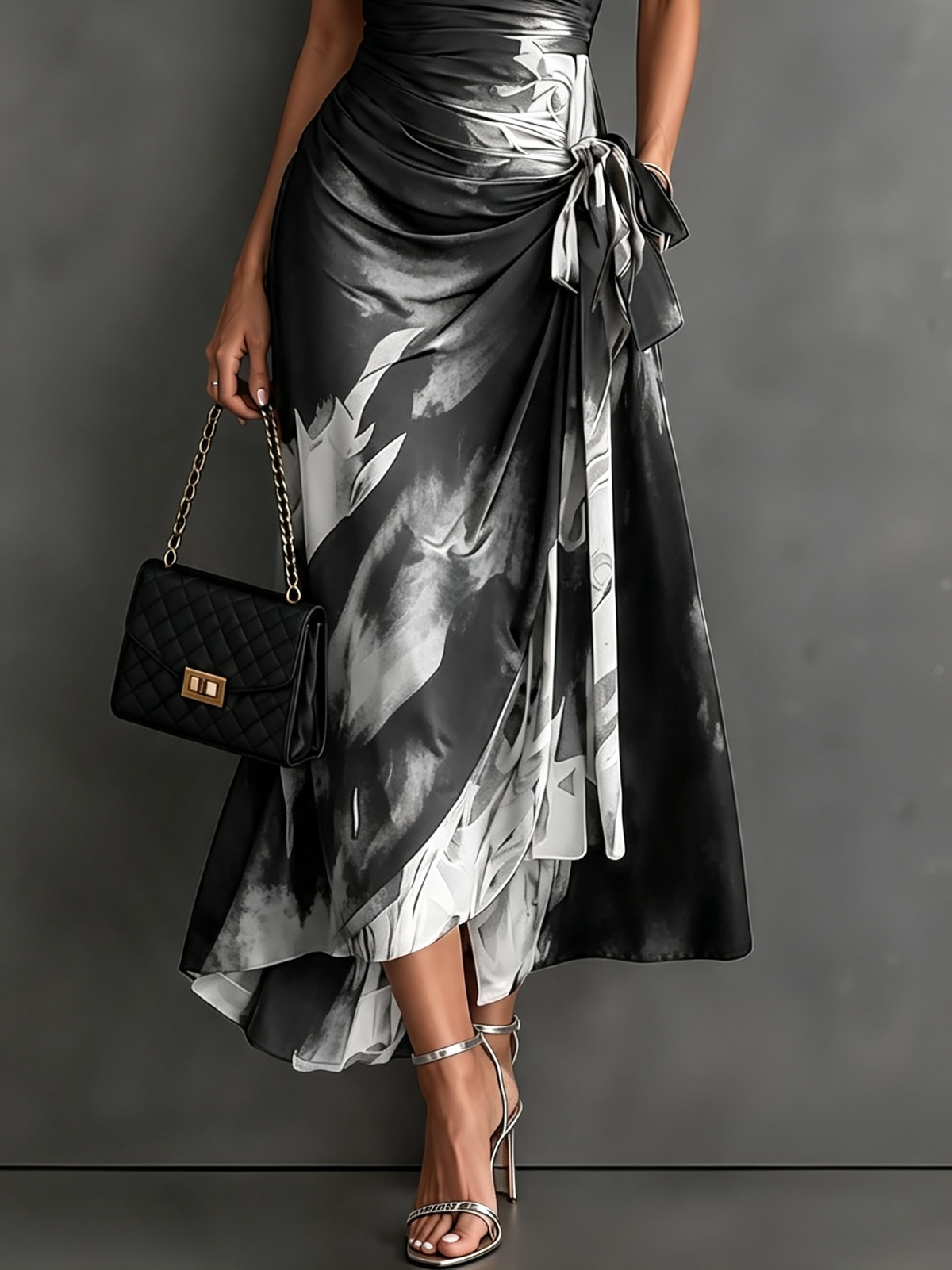Vestido midi cruzado con estampado abstracto en blanco, cuello en V, manga corta, cintura para atar y bajo asimétrico con volantes