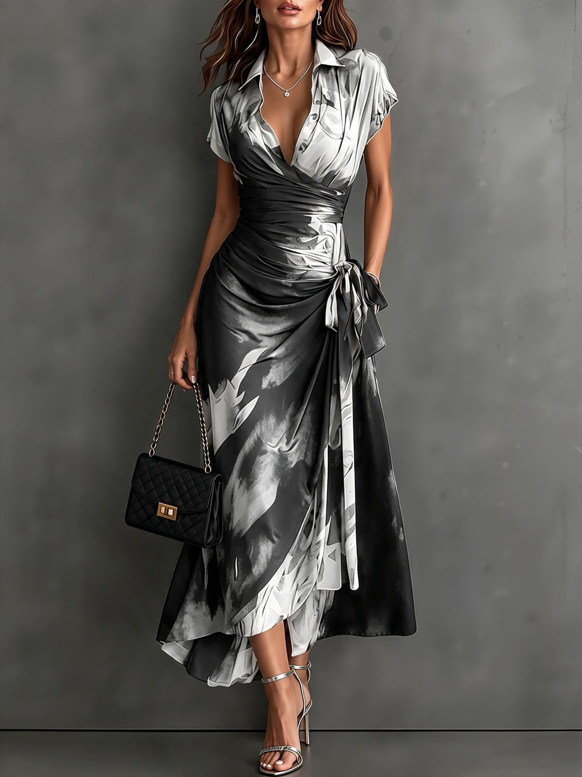 Vestido midi cruzado con estampado abstracto en rojo y negro, cuello en V, manga corta, cintura para atar y bajo asimétrico con volante