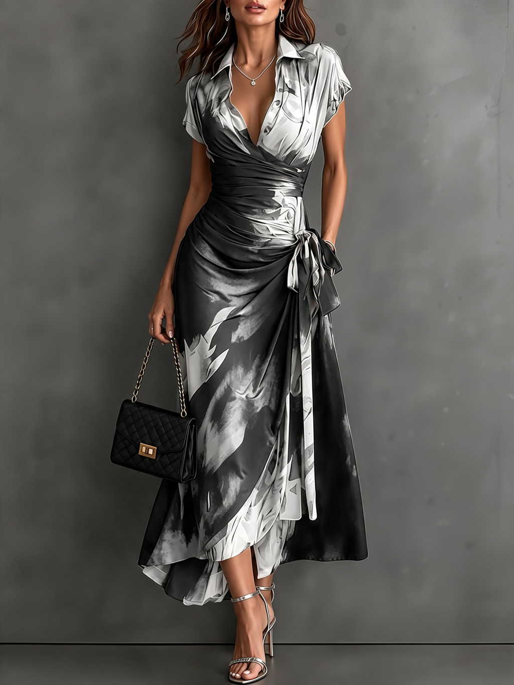 Vestido midi cruzado con estampado abstracto en blanco, cuello en V, manga corta, cintura para atar y bajo asimétrico con volantes