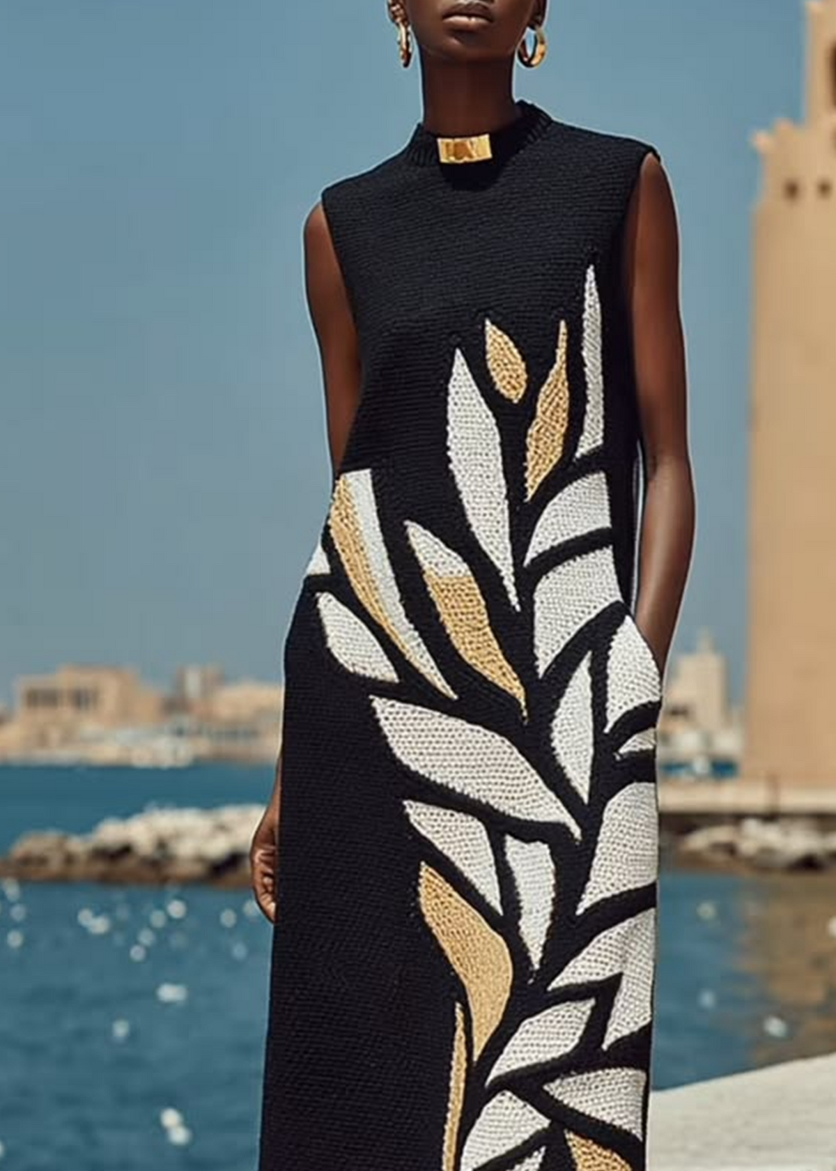 Vestido midi negro sin mangas, estampado y largo