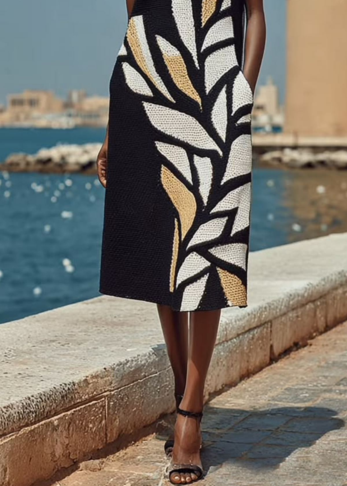 Vestido midi negro sin mangas, estampado y largo