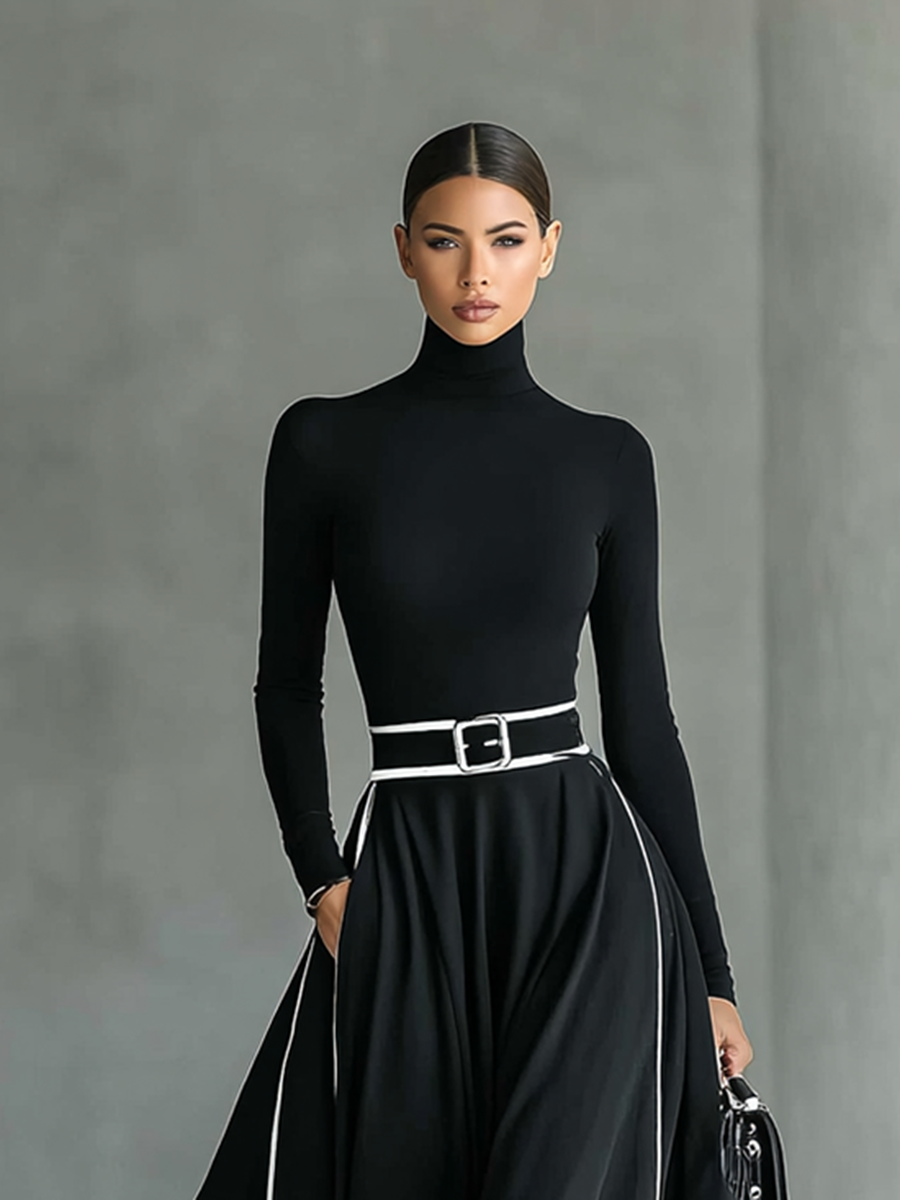 Susana | Abito Maxi con Profili a Contrasto e Cintura