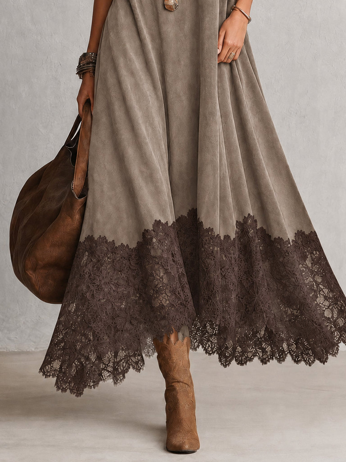 Amparo | Vestido largo con efecto ante y bajo de encaje
