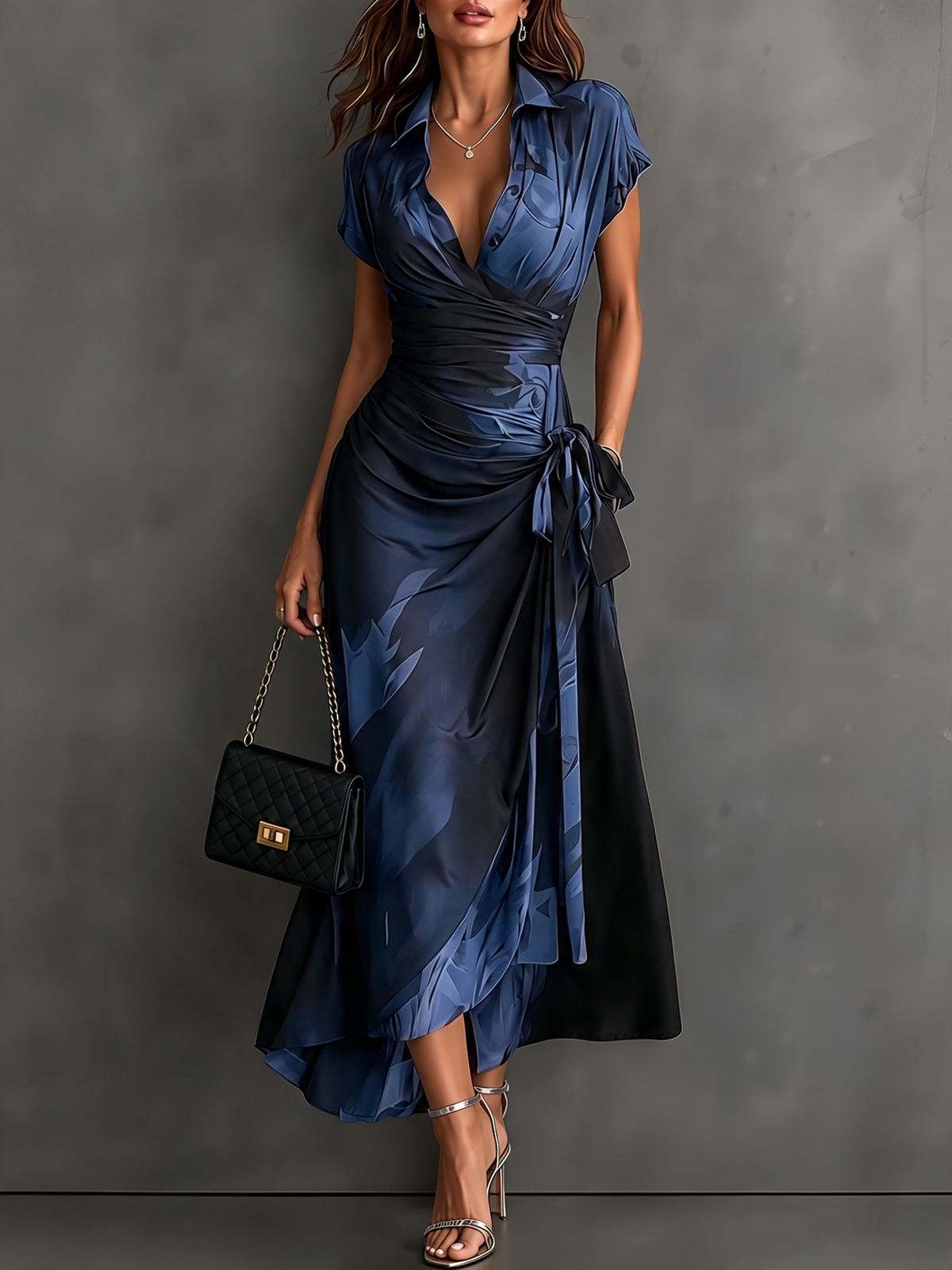Vestido midi cruzado con estampado abstracto azul, cuello en V, manga corta, cintura para atar y bajo asimétrico con volantes