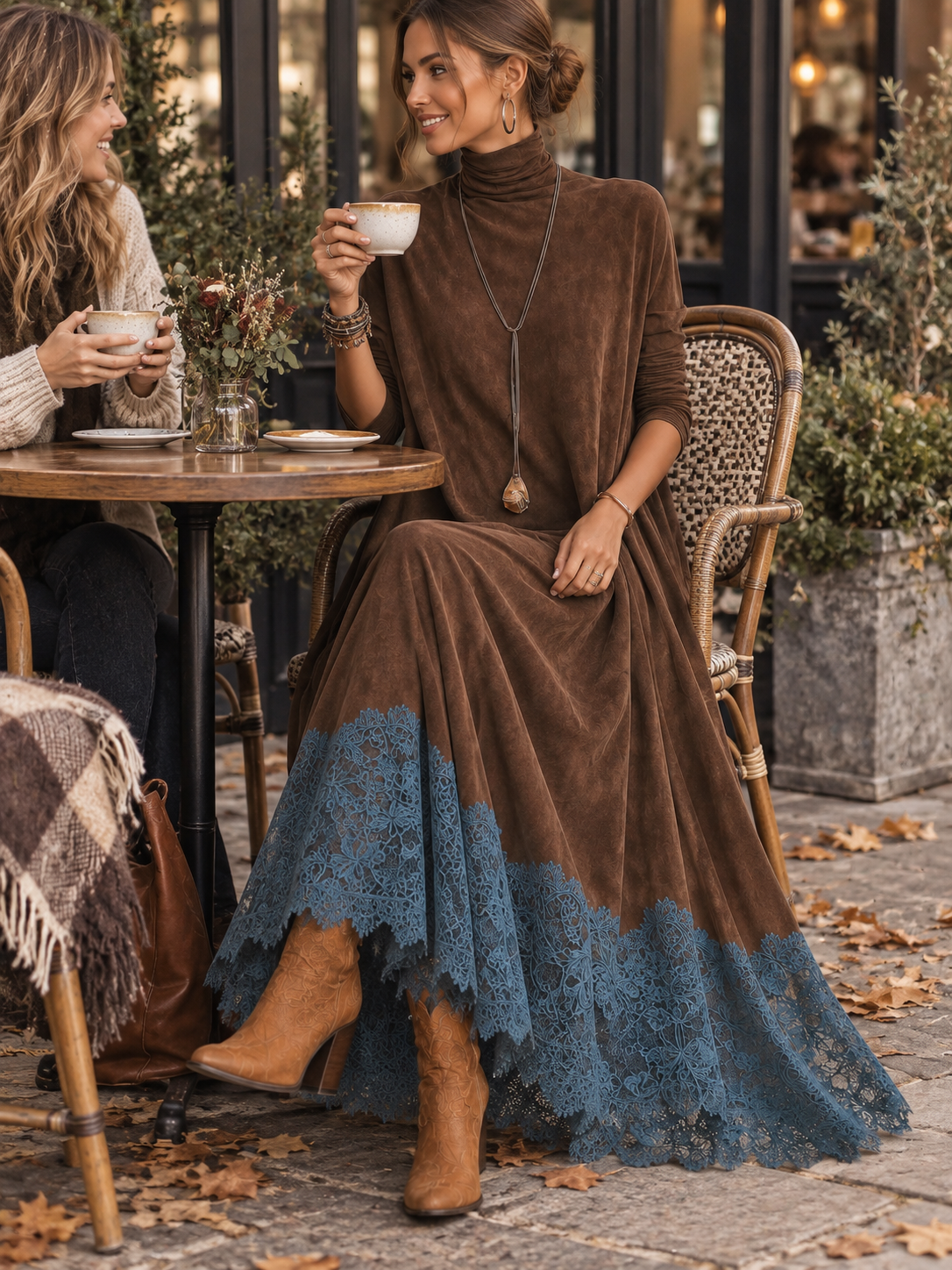 Amparo | Vestido largo con efecto ante y bajo de encaje