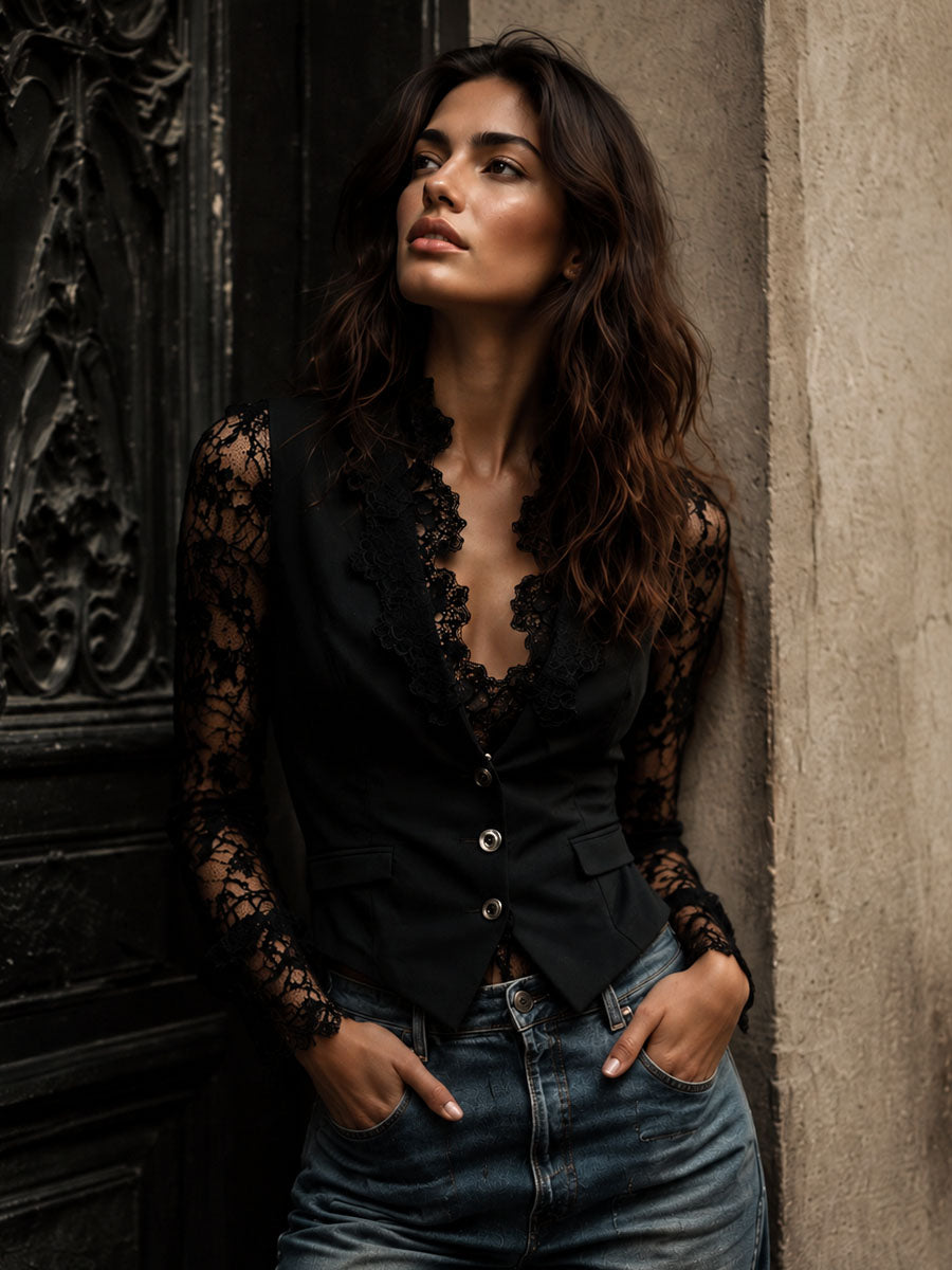 Nuria | Blazer negro con mangas semitransparentes