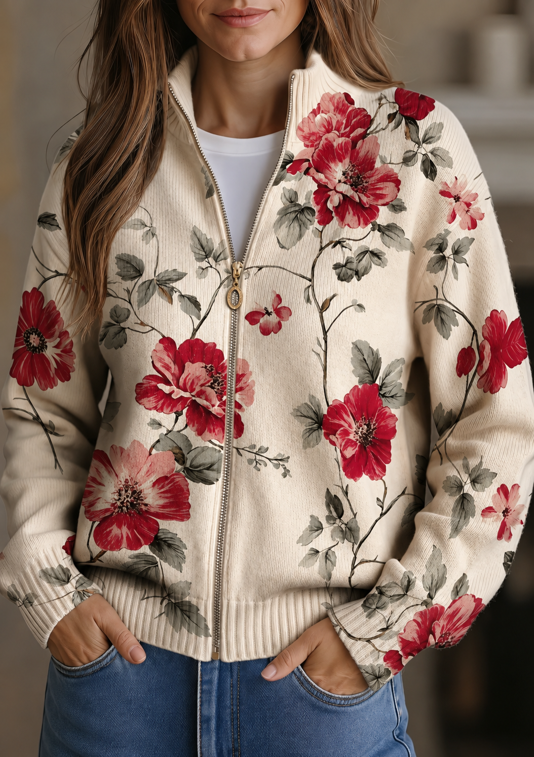 Rosi | Cárdigan con cremallera y estampado de rosas vintage