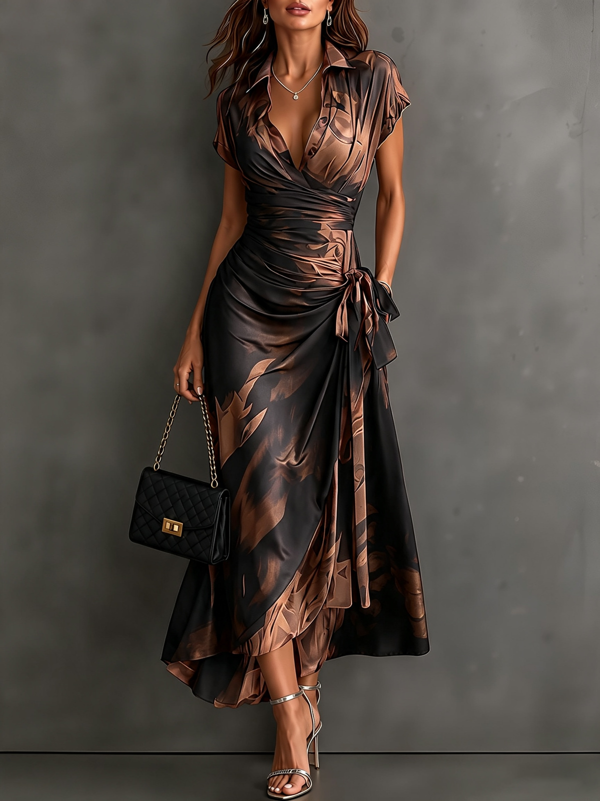 Vestido midi cruzado con estampado abstracto en rojo y negro, cuello en V, manga corta, cintura para atar y bajo asimétrico con volantes