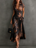 Vestido midi cruzado con estampado abstracto marrón, cuello en V, manga corta, cintura para atar y bajo asimétrico con volantes