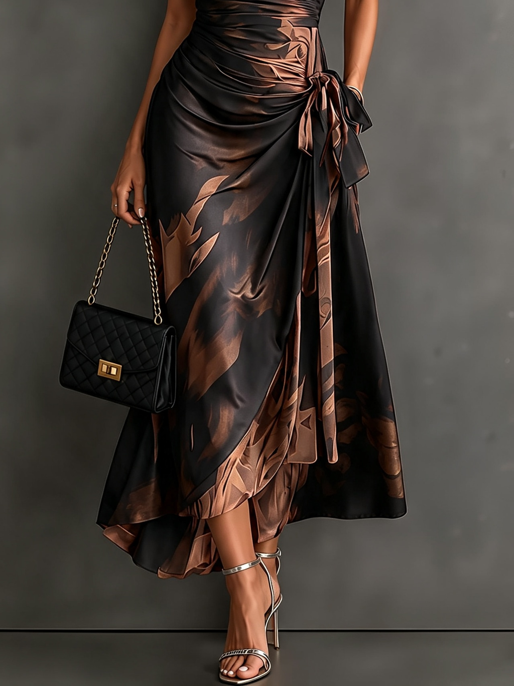 Vestido midi cruzado con estampado abstracto en rojo y negro, cuello en V, manga corta, cintura para atar y bajo asimétrico con volantes