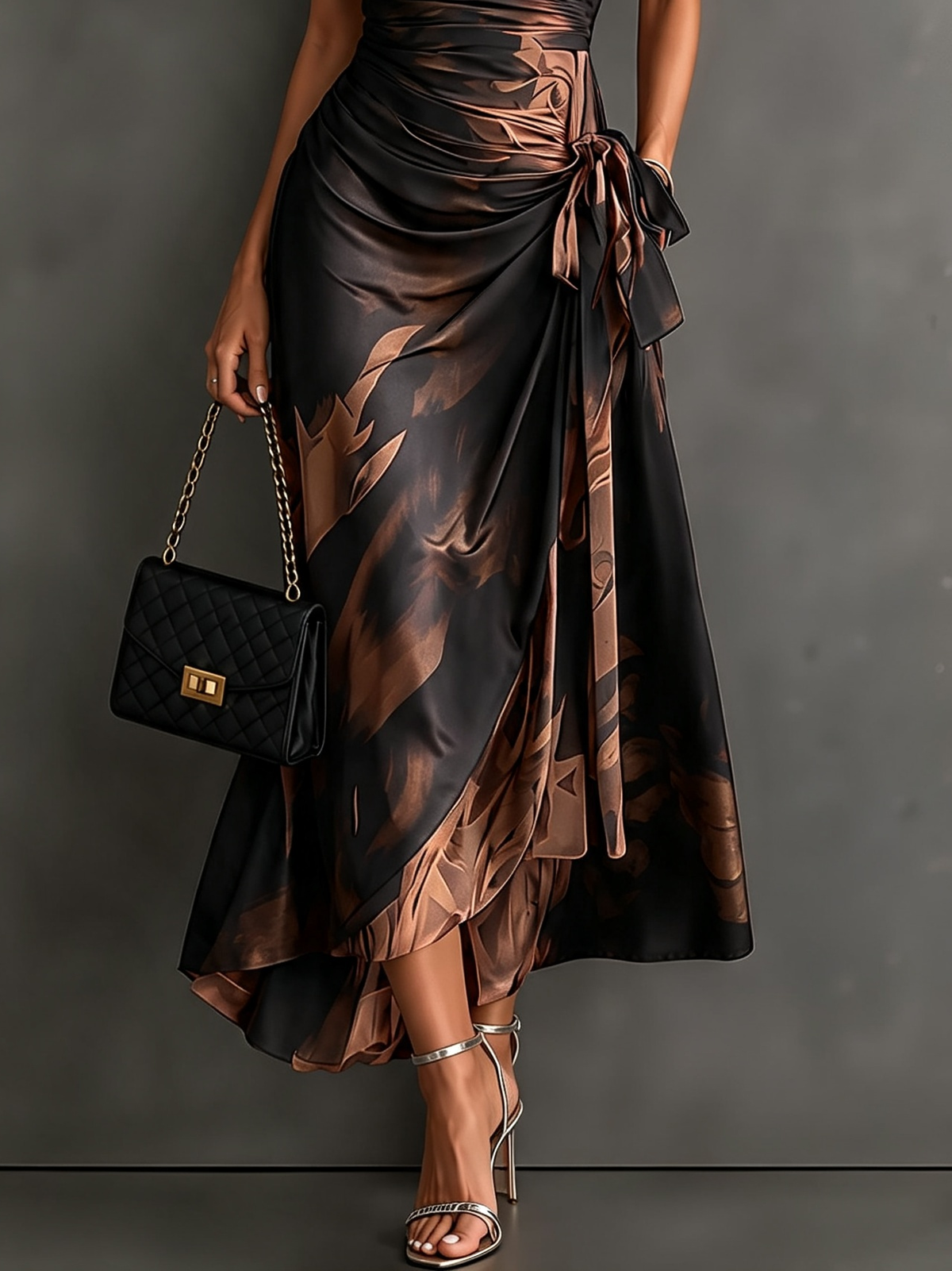 Vestido midi cruzado con estampado abstracto marrón, cuello en V, manga corta, cintura para atar y bajo asimétrico con volantes